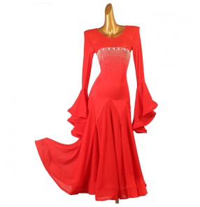 Girls kids red competition ballroom dancing dresses with gemstones for children long flare sleeves waltz tango foxtrot smooth dance performance long gown for children